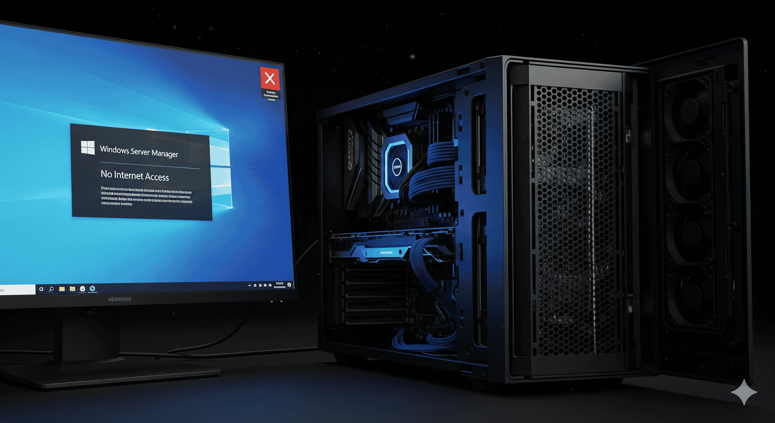 Server computer with Windows server manager no internet access, black gaming PC with blue LED lighting and monitor, futuristic tech setup, high performance hardware, IT infrastructure.